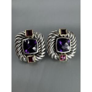 Rare David Yurman 925 Silver 14K Yellow Gold Amethyst Garnet Heavy Earrings